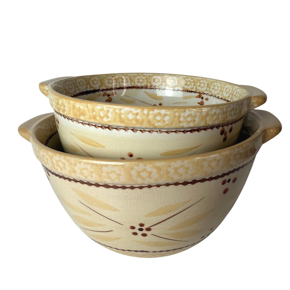 Temp-Tations Old World Yellow Handled Round Serving Bowls Set of 2 Ceramic
